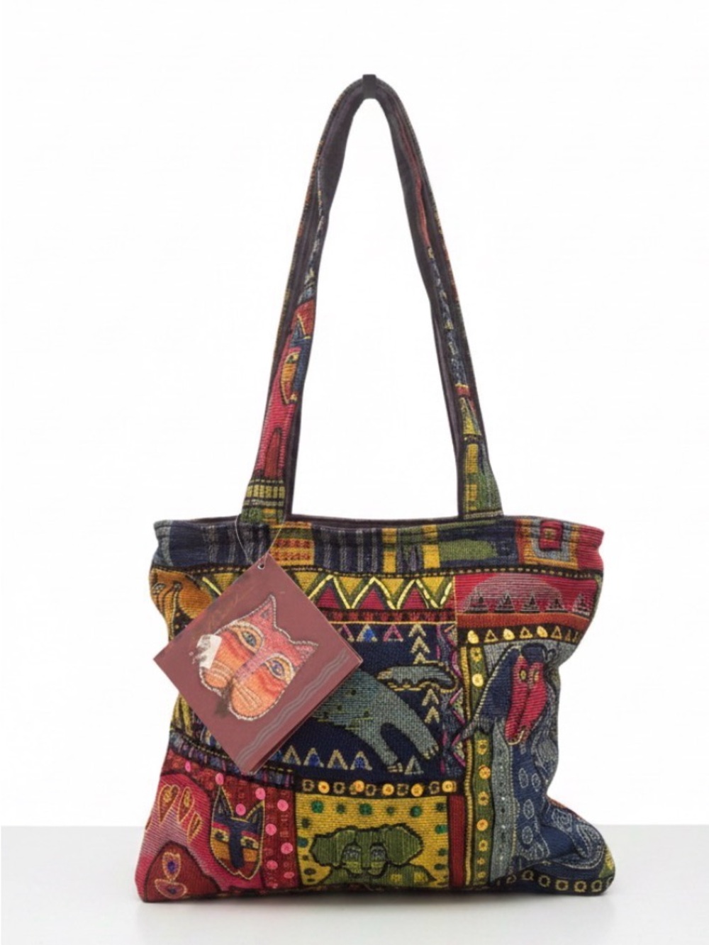 Laurel Burch Dog Tails Bohemian Multicolor Patchwork Tote Bag NWT